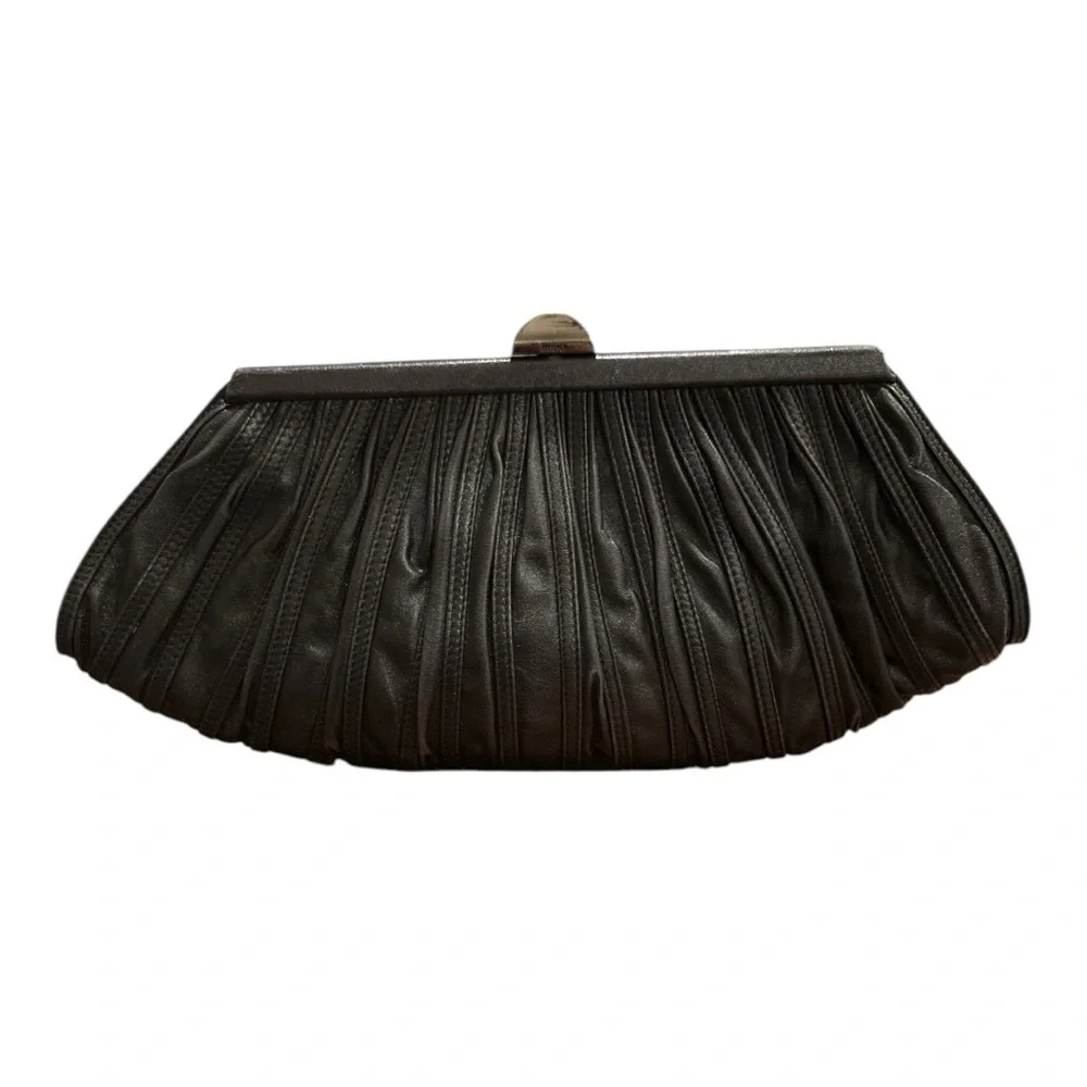 RODO Vintage Black Pleated Leather Clutch Bag with Chain Strap P9